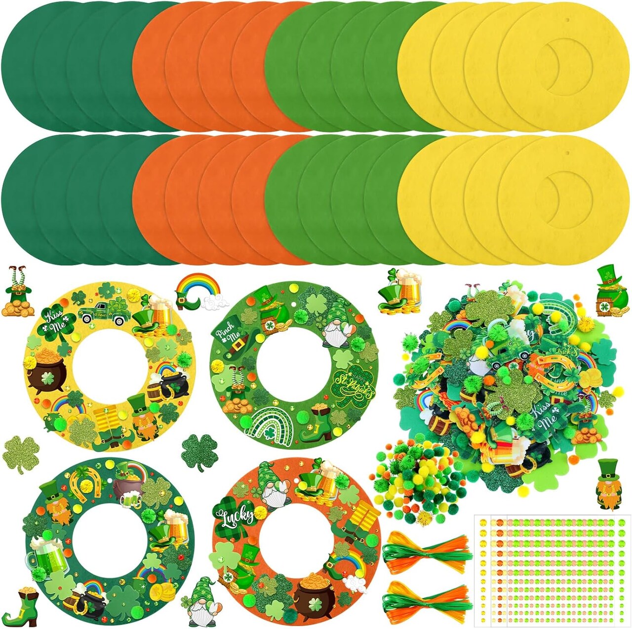 472 PCS St. Patrick’s Day DIY Wreath Craft Kit – Irish Shamrock & Leprechaun Decorations with Stickers, Wool Balls & Ribbons for Home & Party Favors